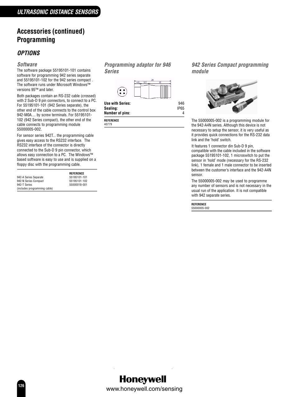 Accessories (continued) programming, Options, Software | Programming adaptor for 946 series, 942 series compact programming module | Honeywell Switches and Sensors User Manual | Page 128 / 148