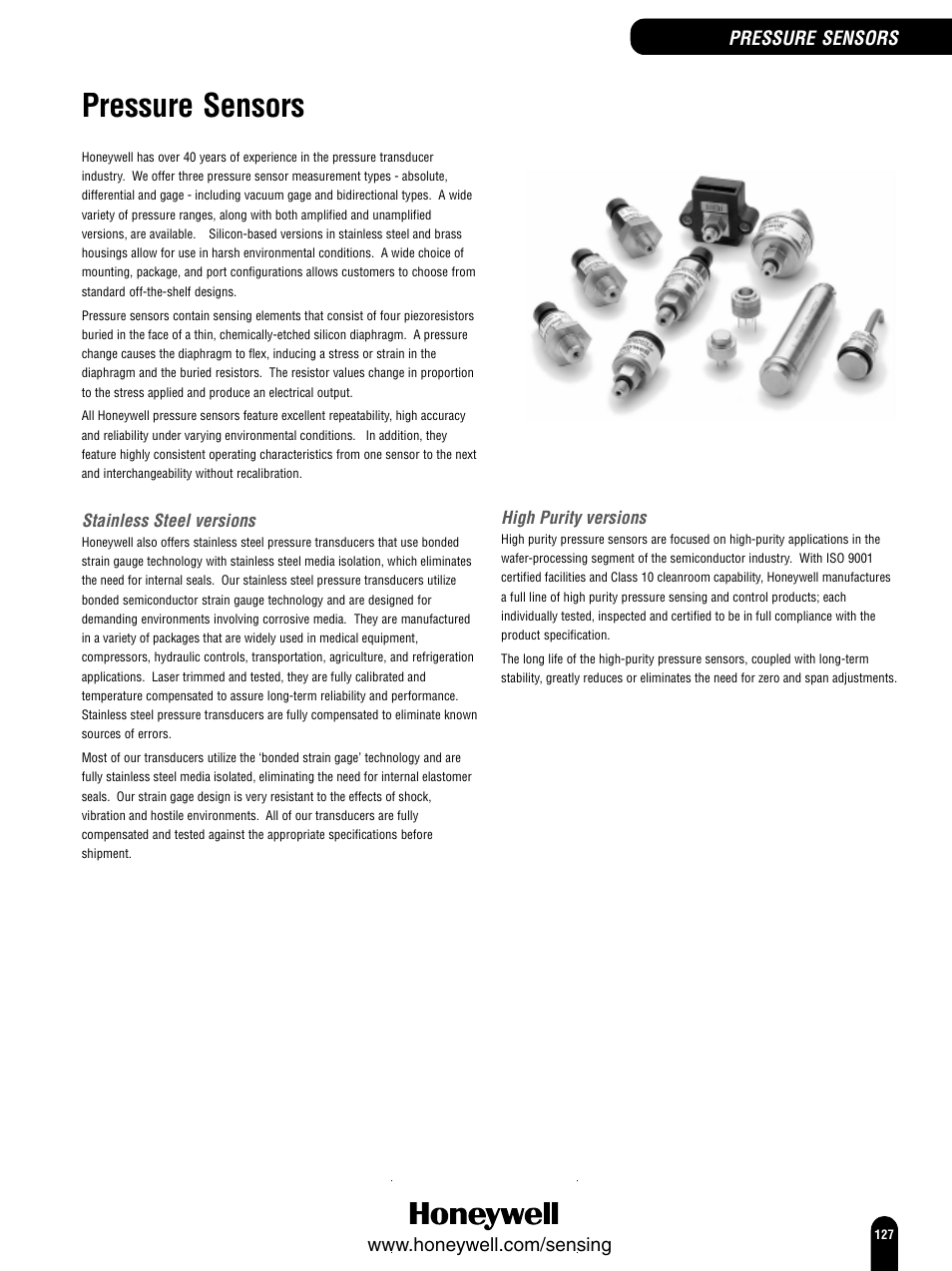 Pressure sensors, Stainless steel versions, High purity versions | Honeywell Switches and Sensors User Manual | Page 129 / 148