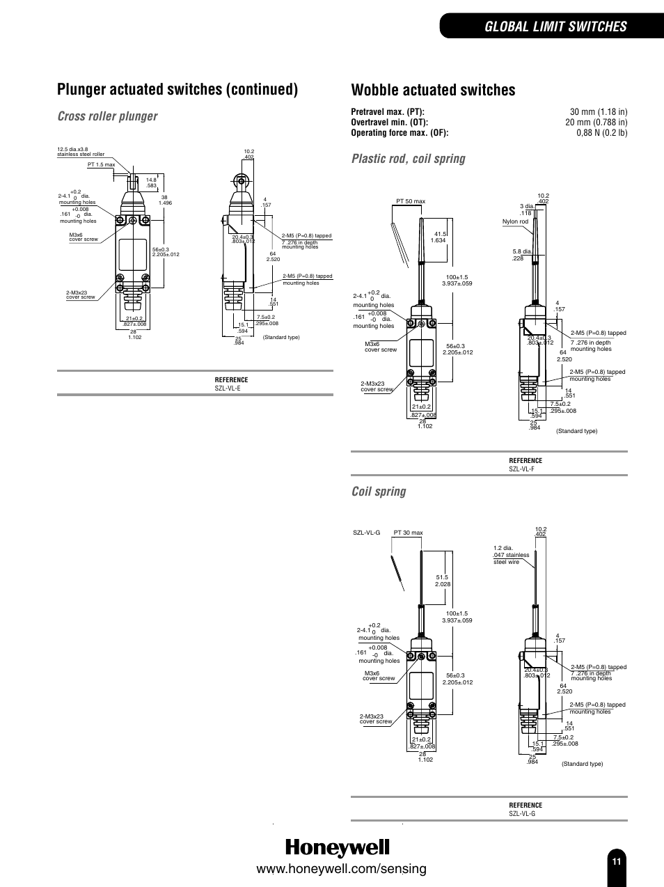 Plunger actuated switches (continued), Wobble actuated switches, Global limit switches | Cross roller plunger, Plastic rod, coil spring, Coil spring | Honeywell Switches and Sensors User Manual | Page 13 / 148