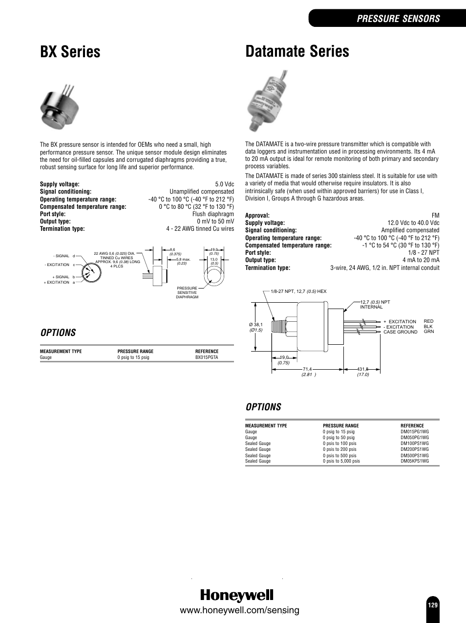 Bx series, Datamate series, Options | Honeywell Switches and Sensors User Manual | Page 131 / 148