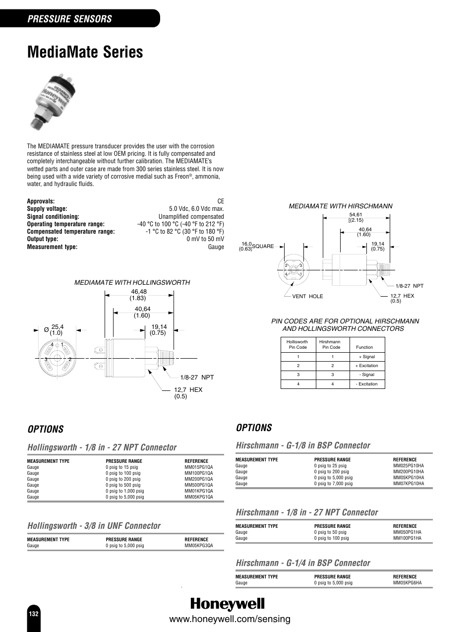 Mediamate series, Options, Hollingsworth - 1/8 in - 27 npt connector | Hollingsworth - 3/8 in unf connector, Hirschmann - g-1/8 in bsp connector, Hirschmann - 1/8 in - 27 npt connector, Hirschmann - g-1/4 in bsp connector | Honeywell Switches and Sensors User Manual | Page 134 / 148