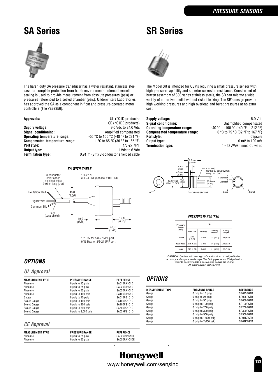 Sa series, Sr series, Options | Ul approval, Ce approval, Sa with cable | Honeywell Switches and Sensors User Manual | Page 135 / 148