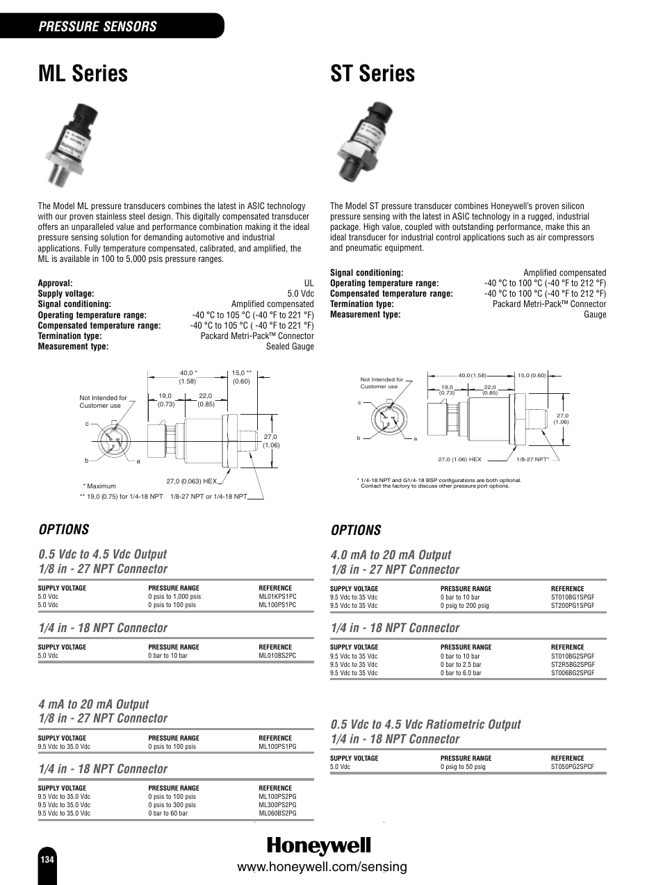 Ml series, St series, Options | 1/4 in - 18 npt connector | Honeywell Switches and Sensors User Manual | Page 136 / 148