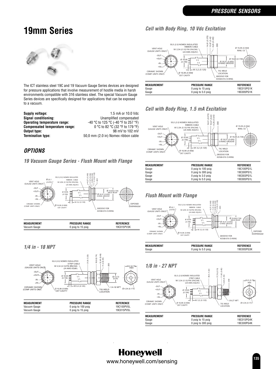 19mm series, Options, 19 vacuum gauge series - flush mount with flange | 1/4 in - 18 npt, Cell with body ring, 10 vdc excitation, Cell with body ring, 1.5 ma excitation, Flush mount with flange, 1/8 in - 27 npt | Honeywell Switches and Sensors User Manual | Page 137 / 148