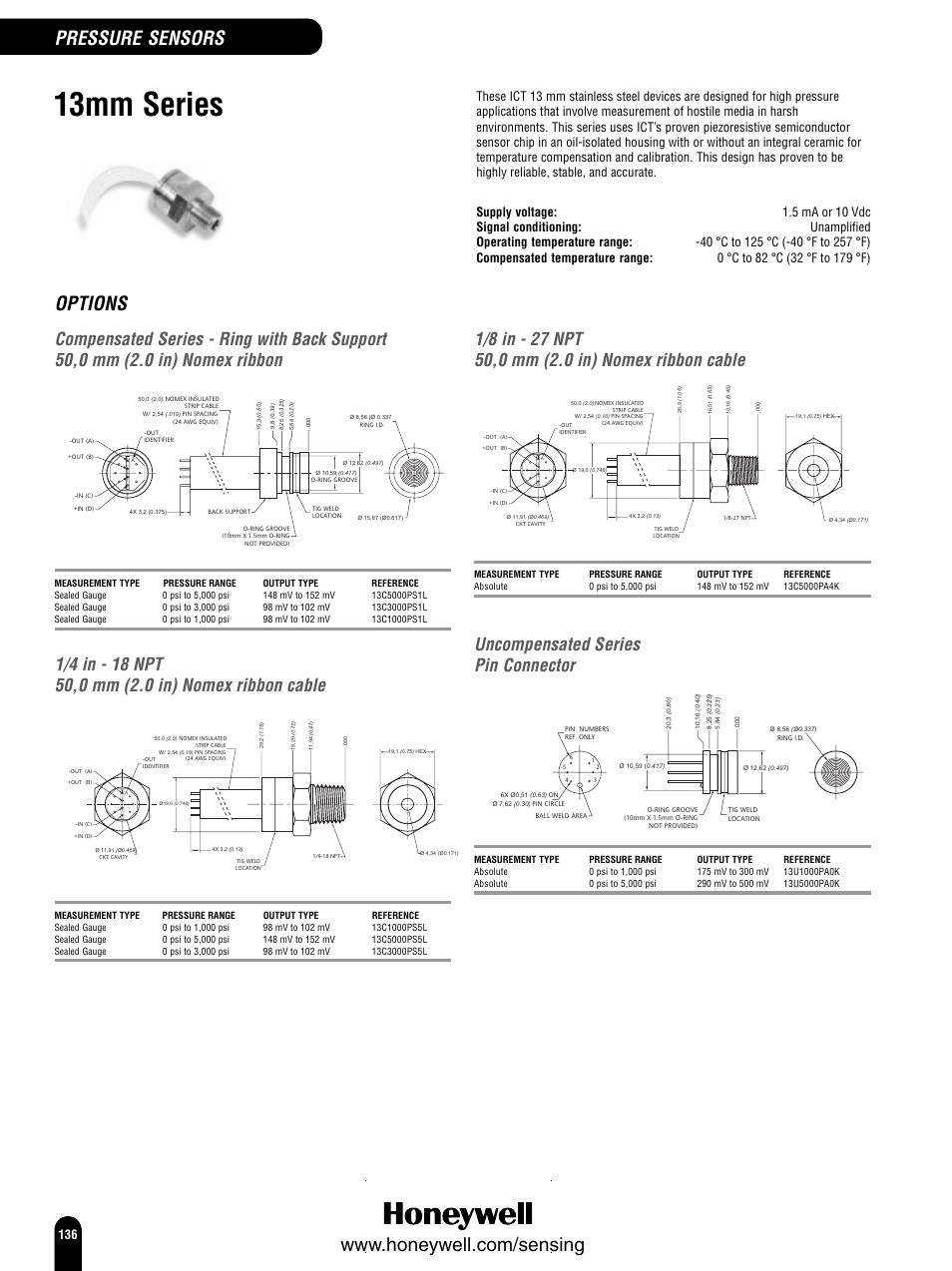 13mm series, Options, Uncompensated series pin connector | Honeywell Switches and Sensors User Manual | Page 138 / 148