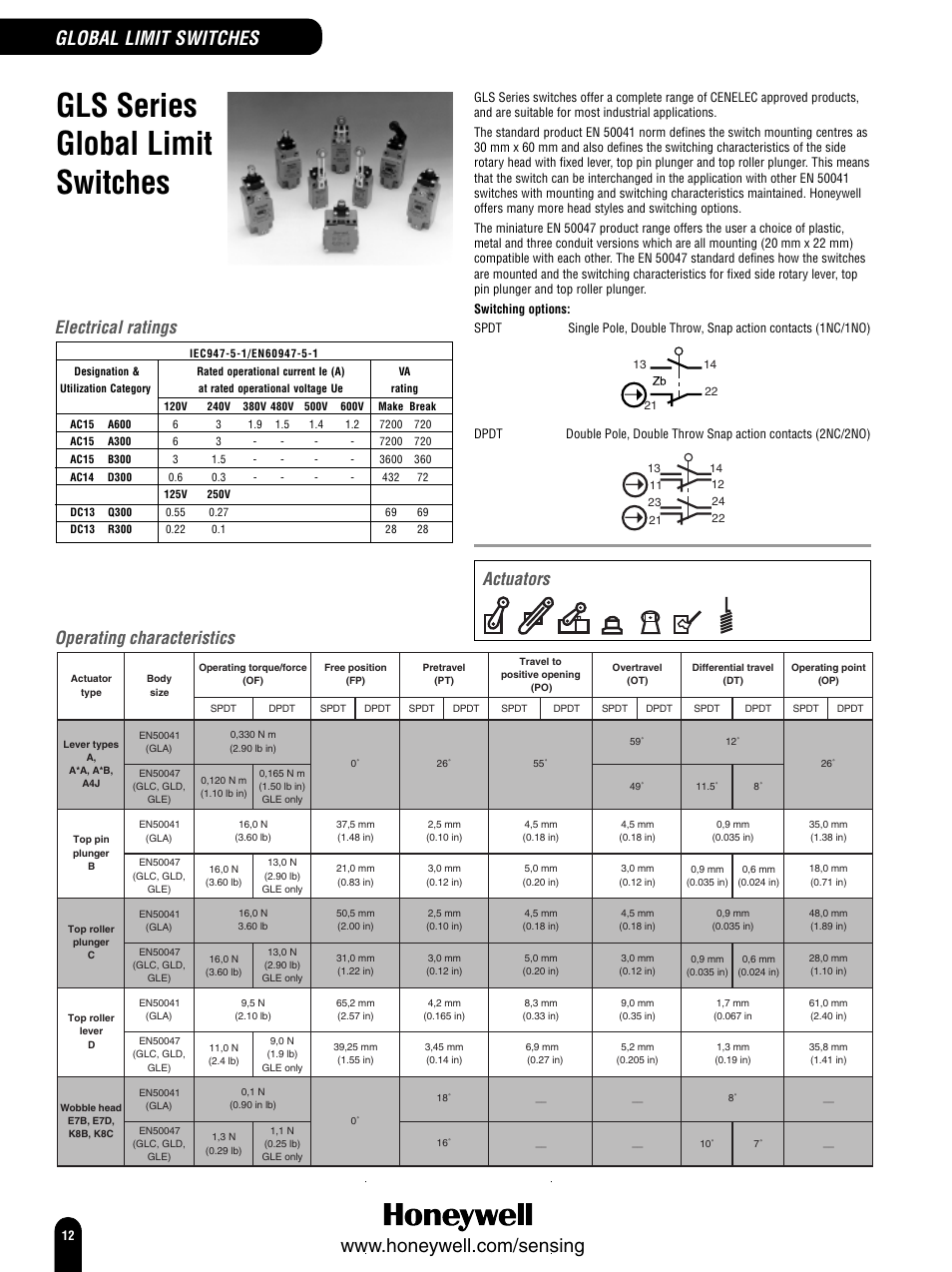 Gls series global limit switches, Global limit switches, Operating characteristics | Electrical ratings, Actuators | Honeywell Switches and Sensors User Manual | Page 14 / 148