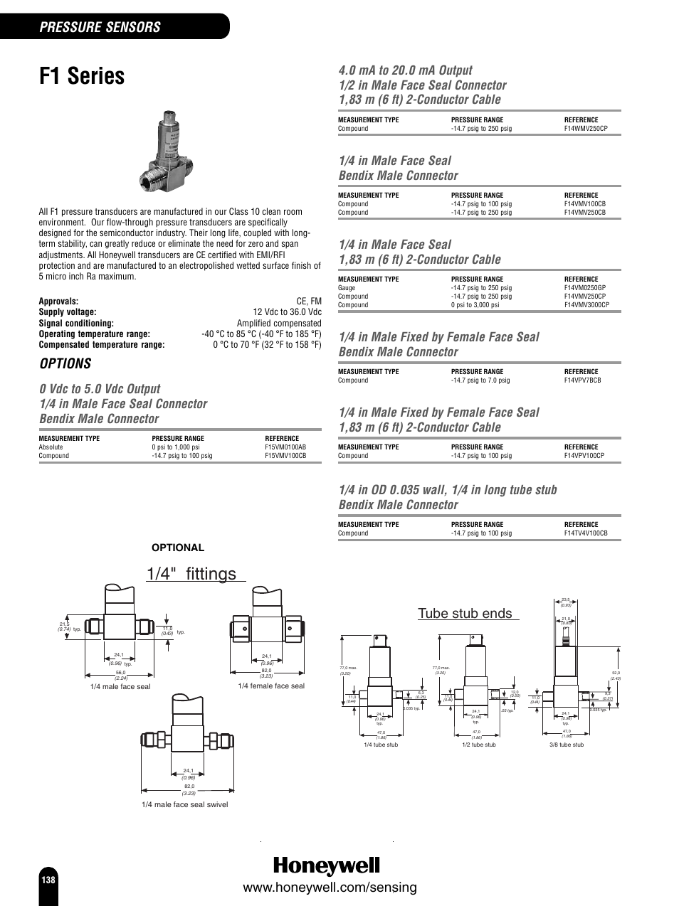F1 series, 1/4" fittings, Options | Tube stub ends, 1/4 in male face seal bendix male connector, Optional | Honeywell Switches and Sensors User Manual | Page 140 / 148