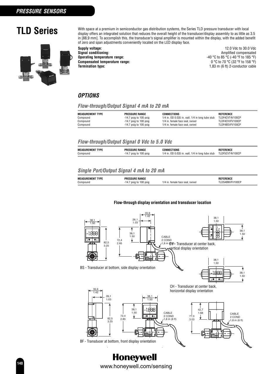 Tld series, Options, Flow-through/output signal 4 ma to 20 ma | Flow-through/output signal 0 vdc to 5.0 vdc, Single port/output signal 4 ma to 20 ma | Honeywell Switches and Sensors User Manual | Page 142 / 148