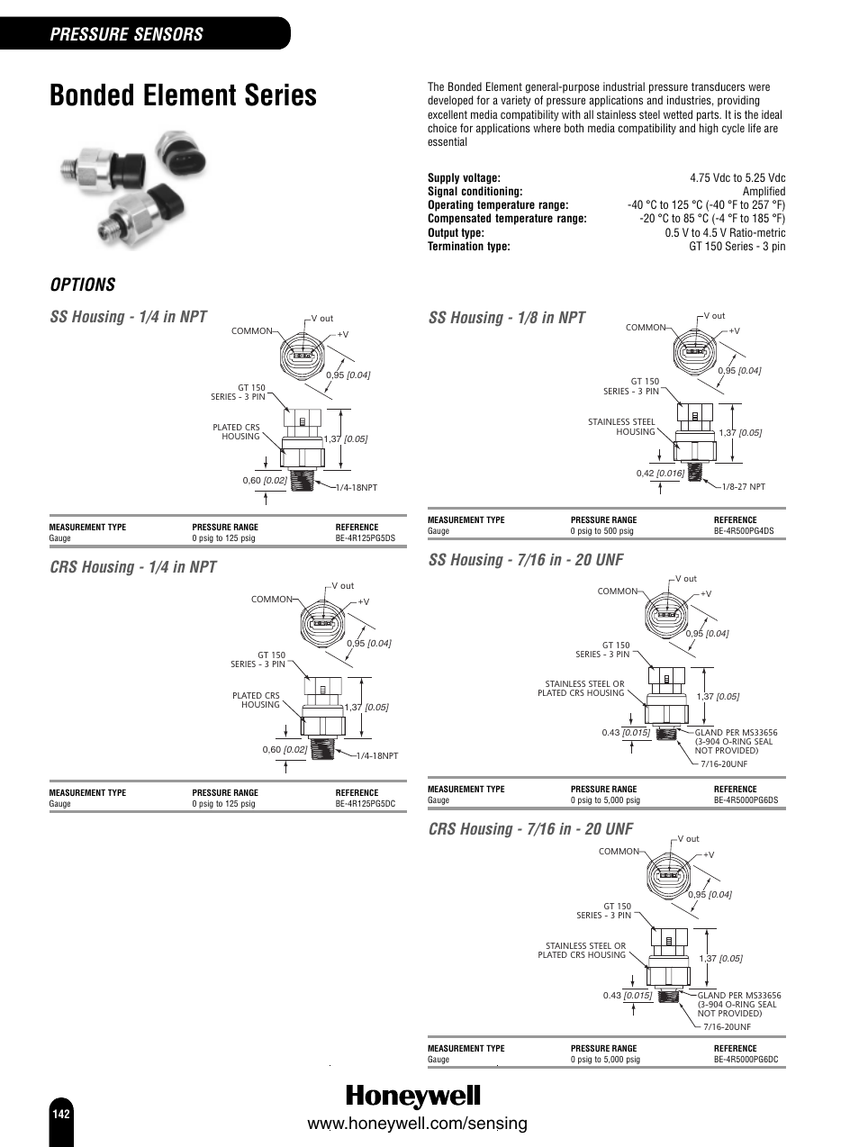 Bonded element series, Options, Ss housing - 1/4 in npt | Crs housing - 1/4 in npt, Ss housing - 1/8 in npt | Honeywell Switches and Sensors User Manual | Page 144 / 148