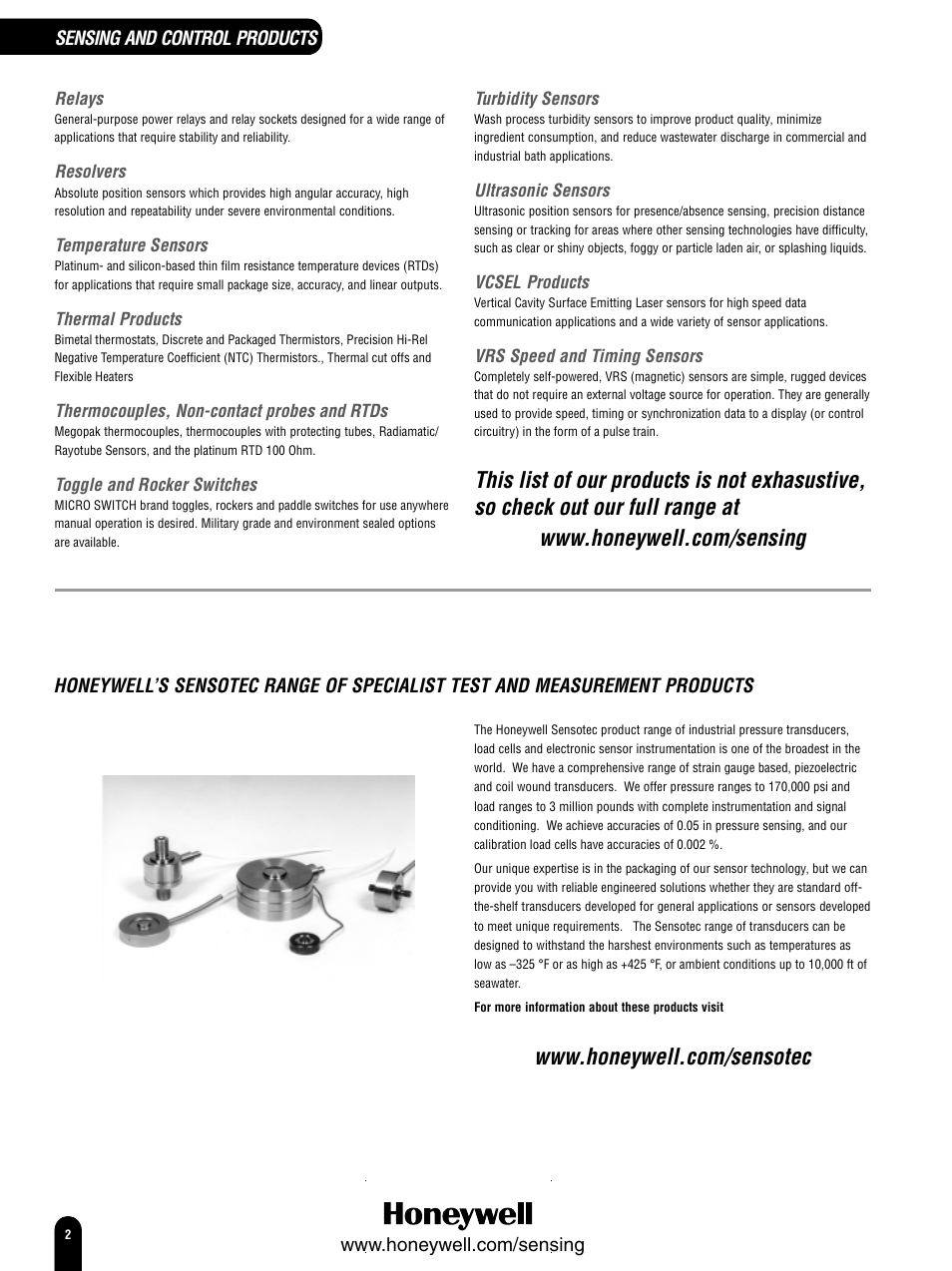 Sensing and control products, Relays, Resolvers | Temperature sensors, Thermal products, Thermocouples, non-contact probes and rtds, Toggle and rocker switches, Turbidity sensors, Ultrasonic sensors, Vcsel products | Honeywell Switches and Sensors User Manual | Page 146 / 148