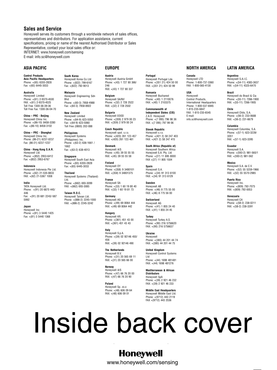 Inside back cover, Sales and service | Honeywell Switches and Sensors User Manual | Page 147 / 148