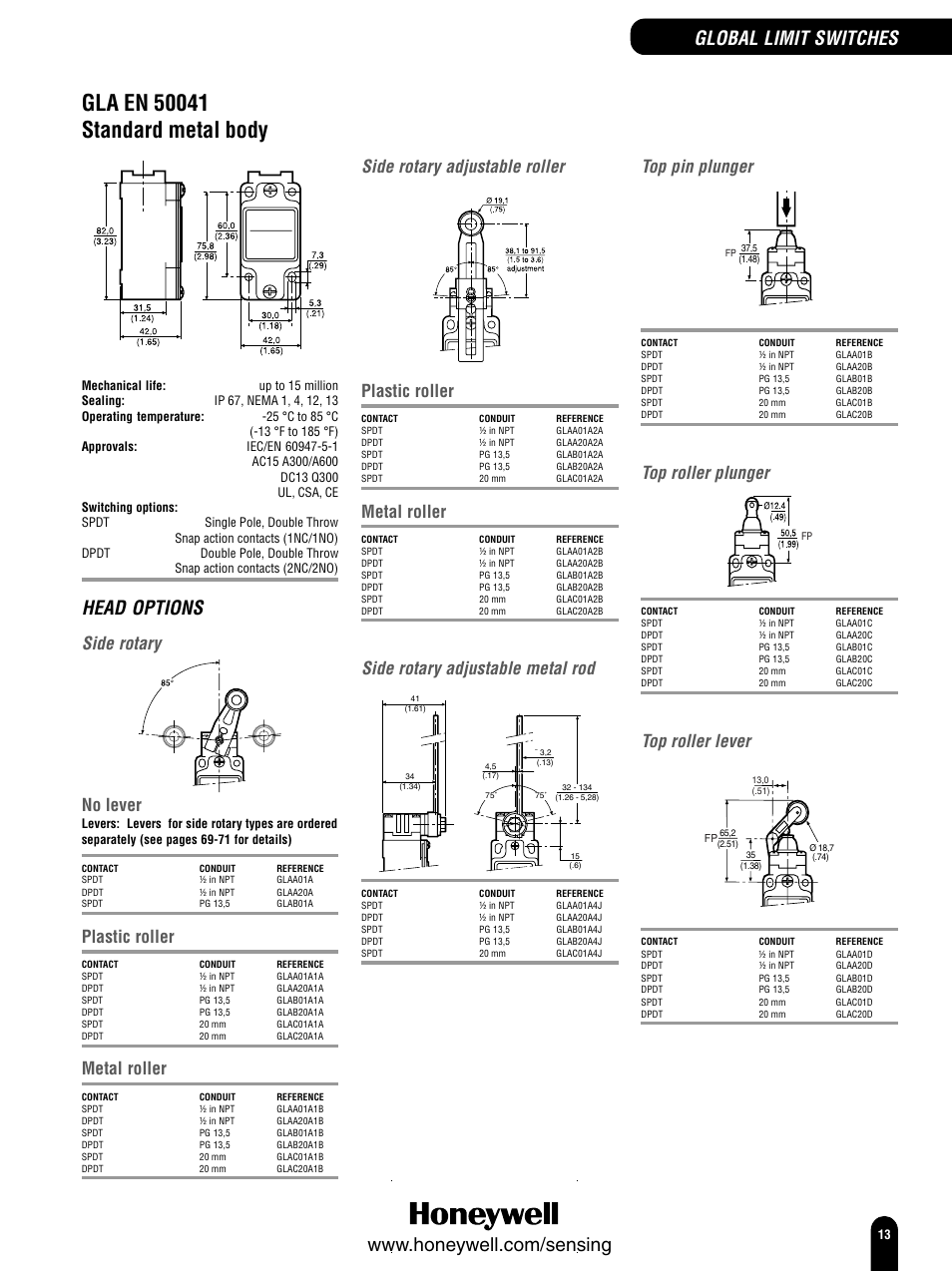 Head options, Global limit switches, Side rotary | Side rotary adjustable roller, Side rotary adjustable metal rod, Top pin plunger, Top roller plunger, Top roller lever, No lever, Plastic roller | Honeywell Switches and Sensors User Manual | Page 15 / 148