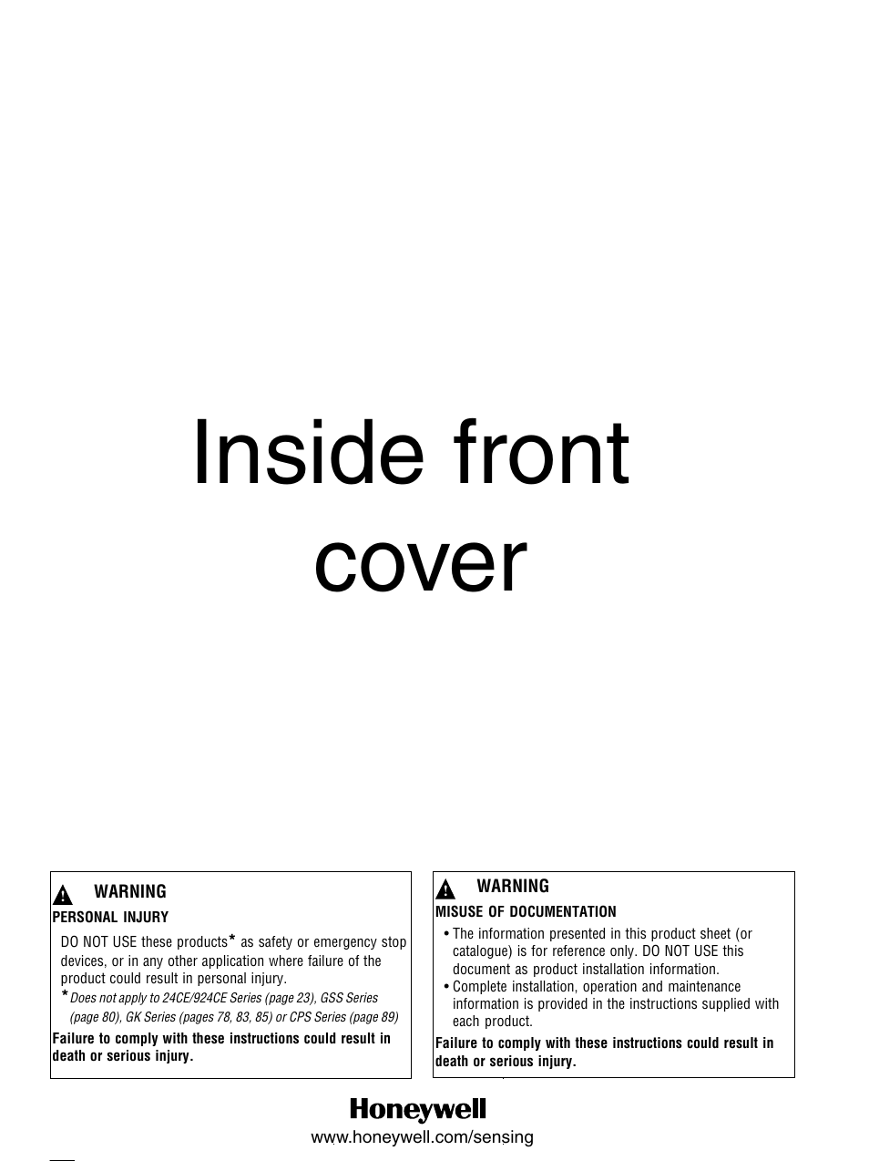 Inside front cover | Honeywell Switches and Sensors User Manual | Page 2 / 148