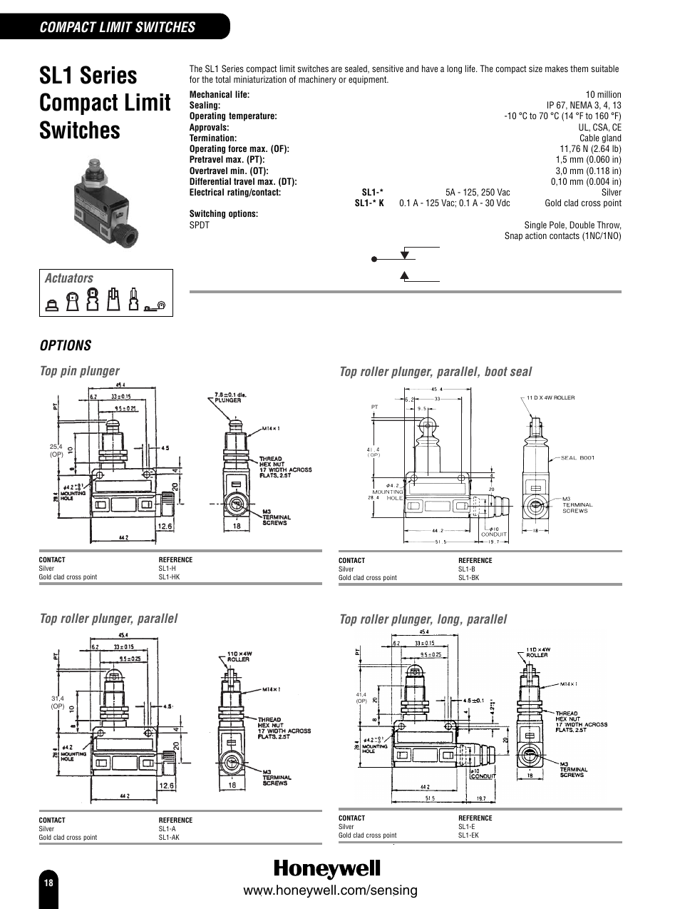 Sl1 series compact limit switches, Compact limit switches, Top pin plunger | Top roller plunger, parallel, Top roller plunger, parallel, boot seal, Top roller plunger, long, parallel, Actuators | Honeywell Switches and Sensors User Manual | Page 20 / 148