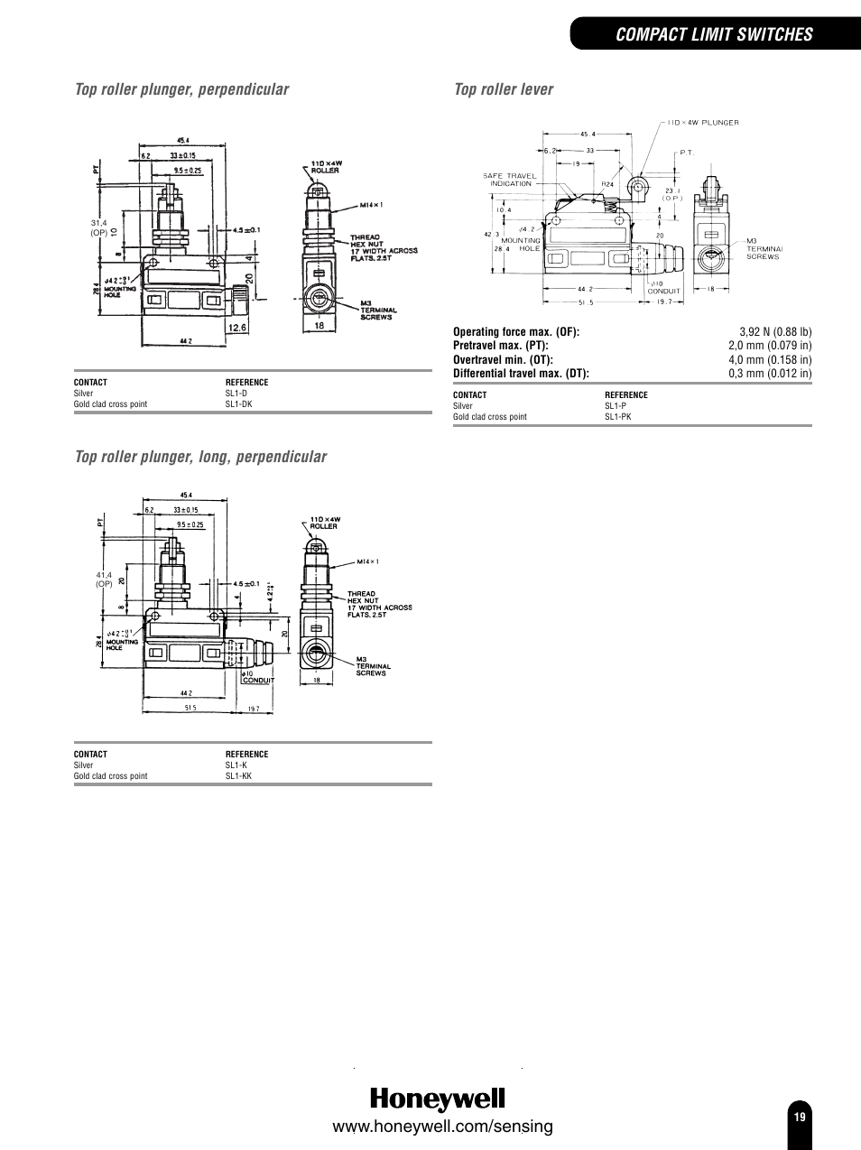 Compact limit switches, Top roller plunger, perpendicular, Top roller plunger, long, perpendicular | Top roller lever | Honeywell Switches and Sensors User Manual | Page 21 / 148