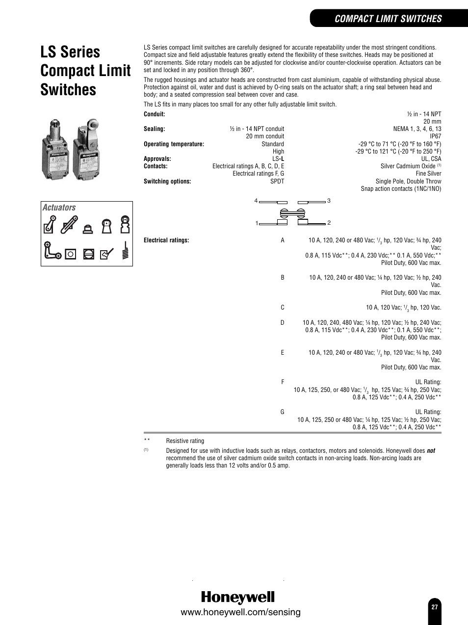 Ls series compact limit switches, Compact limit switches, Actuators | Honeywell Switches and Sensors User Manual | Page 29 / 148