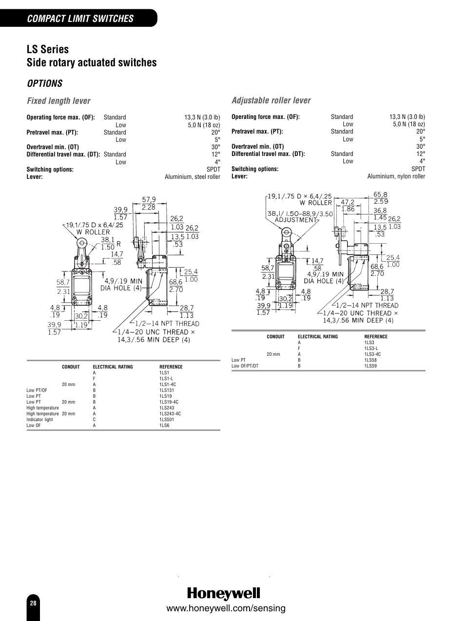 Ls series side rotary actuated switches, Options, Fixed length lever | Adjustable roller lever | Honeywell Switches and Sensors User Manual | Page 30 / 148