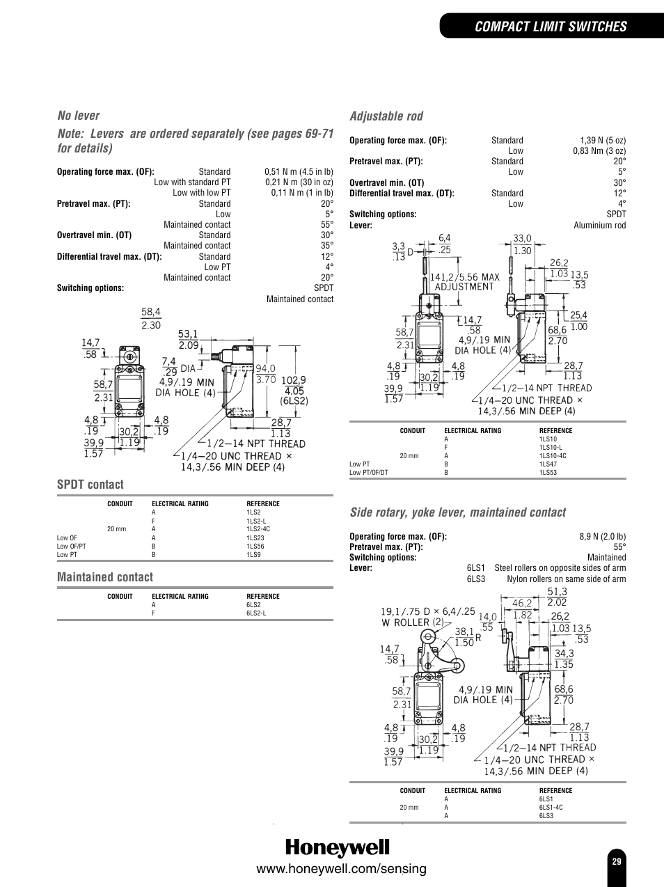 Compact limit switches, Adjustable rod, Side rotary, yoke lever, maintained contact | Spdt contact, Maintained contact | Honeywell Switches and Sensors User Manual | Page 31 / 148