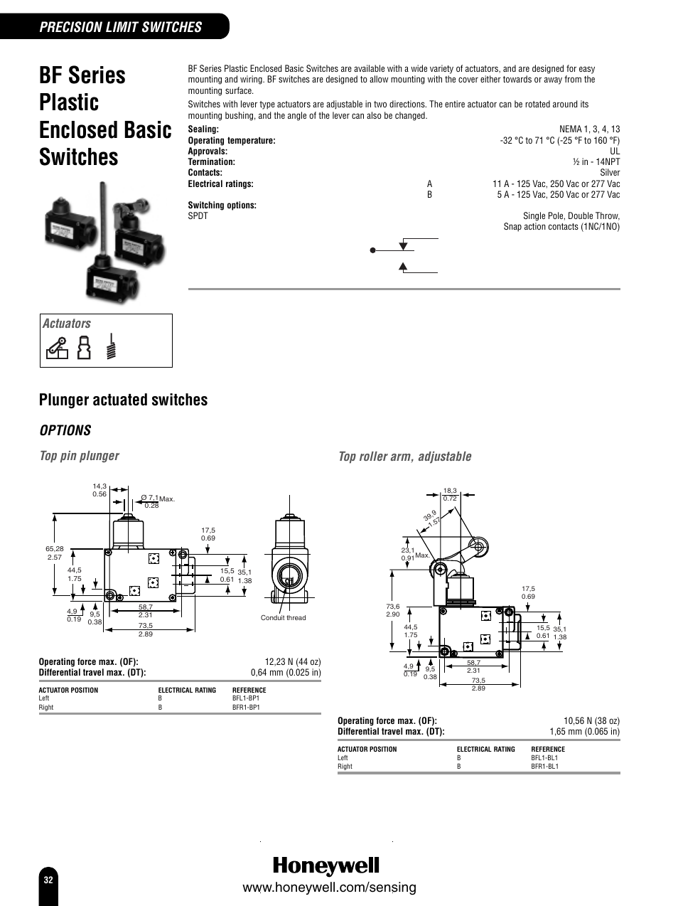 Bf series plastic enclosed basic switches, Plunger actuated switches, Precision limit switches | Options, Top pin plunger, Top roller arm, adjustable, Actuators | Honeywell Switches and Sensors User Manual | Page 34 / 148