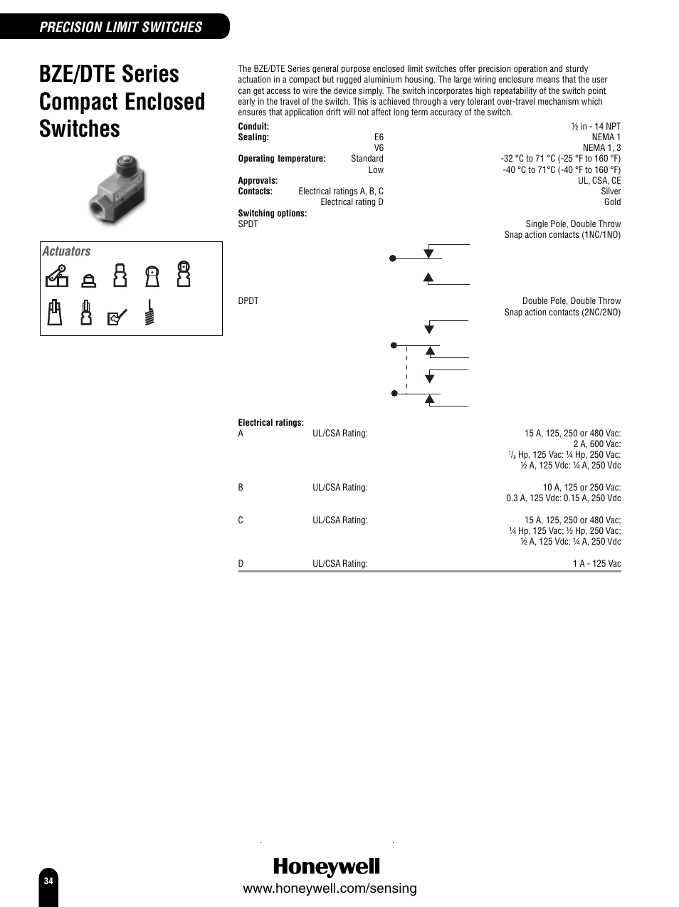 Bze/dte series compact enclosed switches, Precision limit switches, Actuators | Honeywell Switches and Sensors User Manual | Page 36 / 148