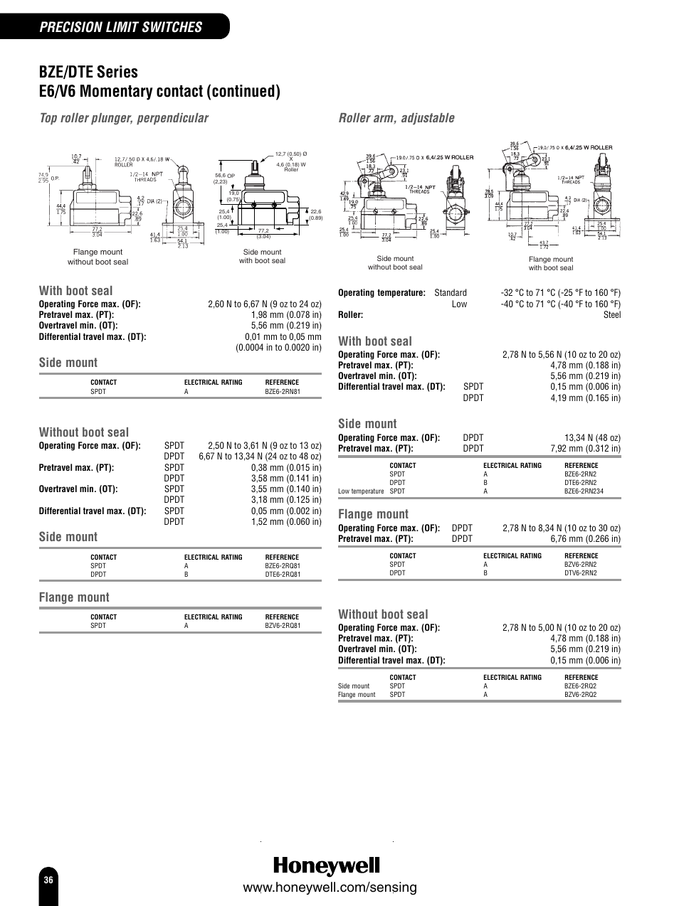 Bze/dte series e6/v6 momentary contact (continued), Precision limit switches, Top roller plunger, perpendicular | Roller arm, adjustable, With boot seal, Side mount, Without boot seal, Flange mount | Honeywell Switches and Sensors User Manual | Page 38 / 148
