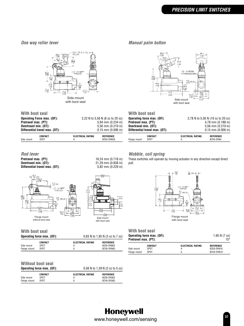 Precision limit switches, One way roller lever, Rod lever | Manual palm button, Wobble, coil spring, With boot seal, Without boot seal | Honeywell Switches and Sensors User Manual | Page 39 / 148