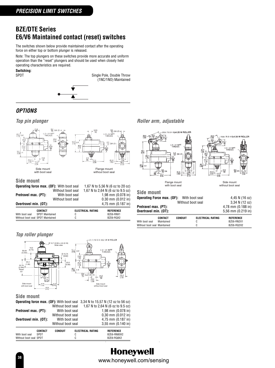 Options, Precision limit switches, Top pin plunger | Top roller plunger, Roller arm, adjustable, Side mount | Honeywell Switches and Sensors User Manual | Page 40 / 148