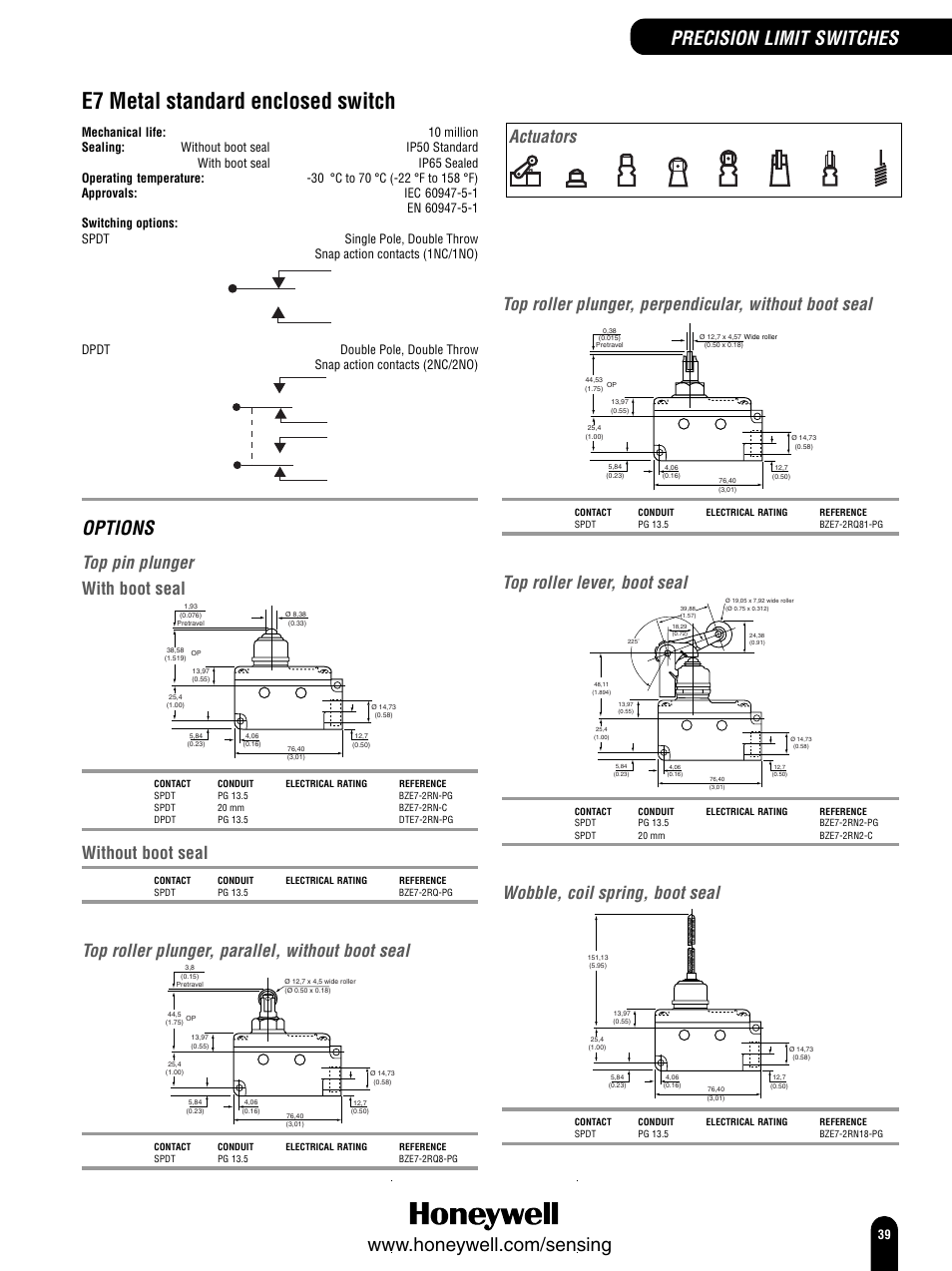 E7 metal standard enclosed switch, Options, Precision limit switches | Top pin plunger, Top roller plunger, parallel, without boot seal, Top roller lever, boot seal, Wobble, coil spring, boot seal, Actuators, With boot seal, Without boot seal | Honeywell Switches and Sensors User Manual | Page 41 / 148