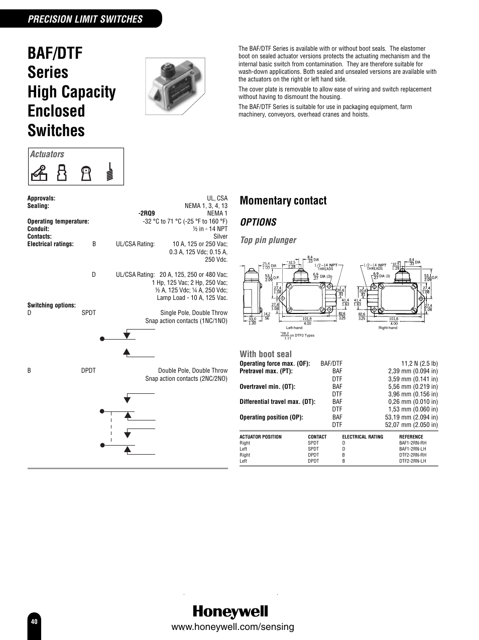 Baf/dtf series high capacity enclosed switches, Momentary contact, Options | Top pin plunger, Actuators, With boot seal | Honeywell Switches and Sensors User Manual | Page 42 / 148