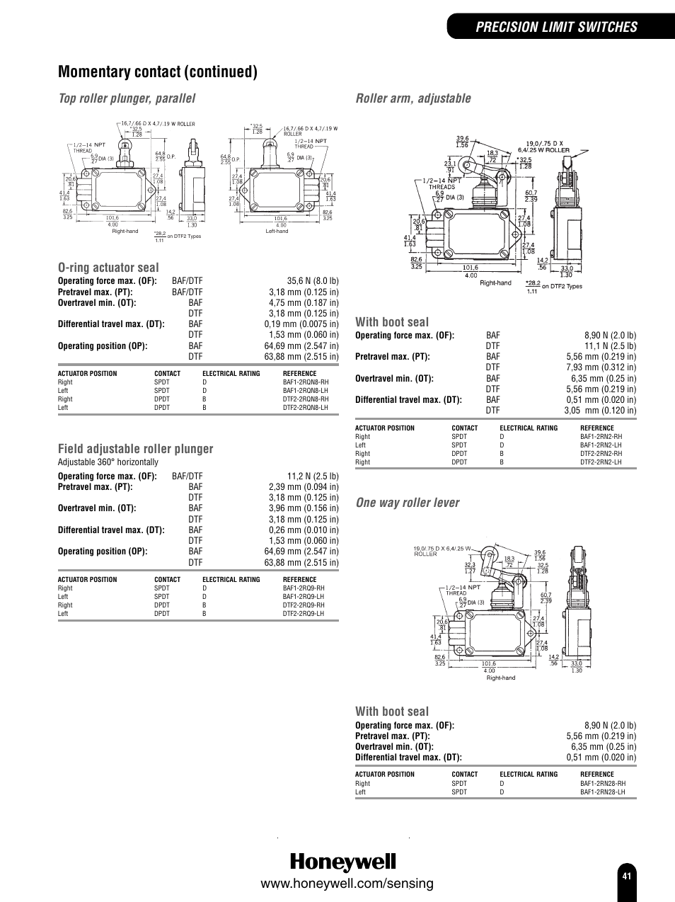 Momentary contact (continued), Top roller plunger, parallel, Roller arm, adjustable | One way roller lever, O-ring actuator seal, Field adjustable roller plunger, With boot seal | Honeywell Switches and Sensors User Manual | Page 43 / 148