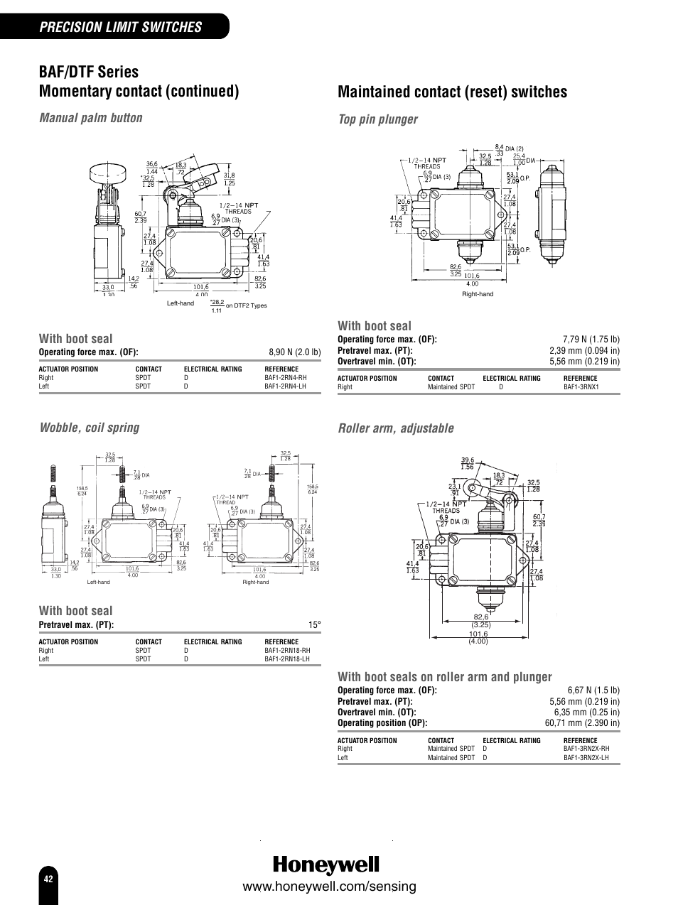 Baf/dtf series momentary contact (continued), Maintained contact (reset) switches, Precision limit switches | Manual palm button, Wobble, coil spring, Top pin plunger, Roller arm, adjustable, With boot seal, With boot seals on roller arm and plunger | Honeywell Switches and Sensors User Manual | Page 44 / 148