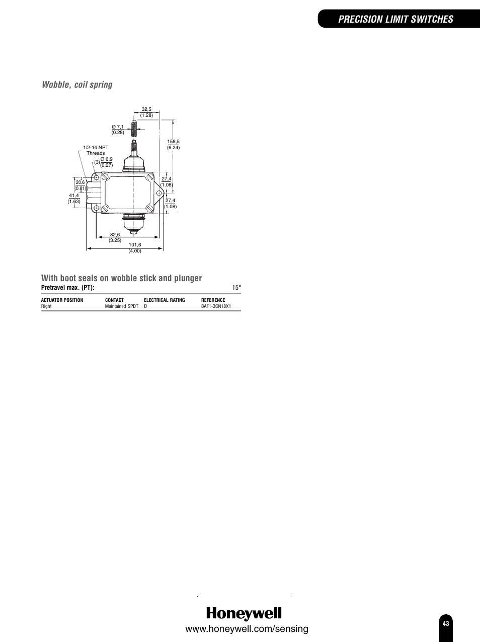 Precision limit switches, Wobble, coil spring, With boot seals on wobble stick and plunger | Honeywell Switches and Sensors User Manual | Page 45 / 148