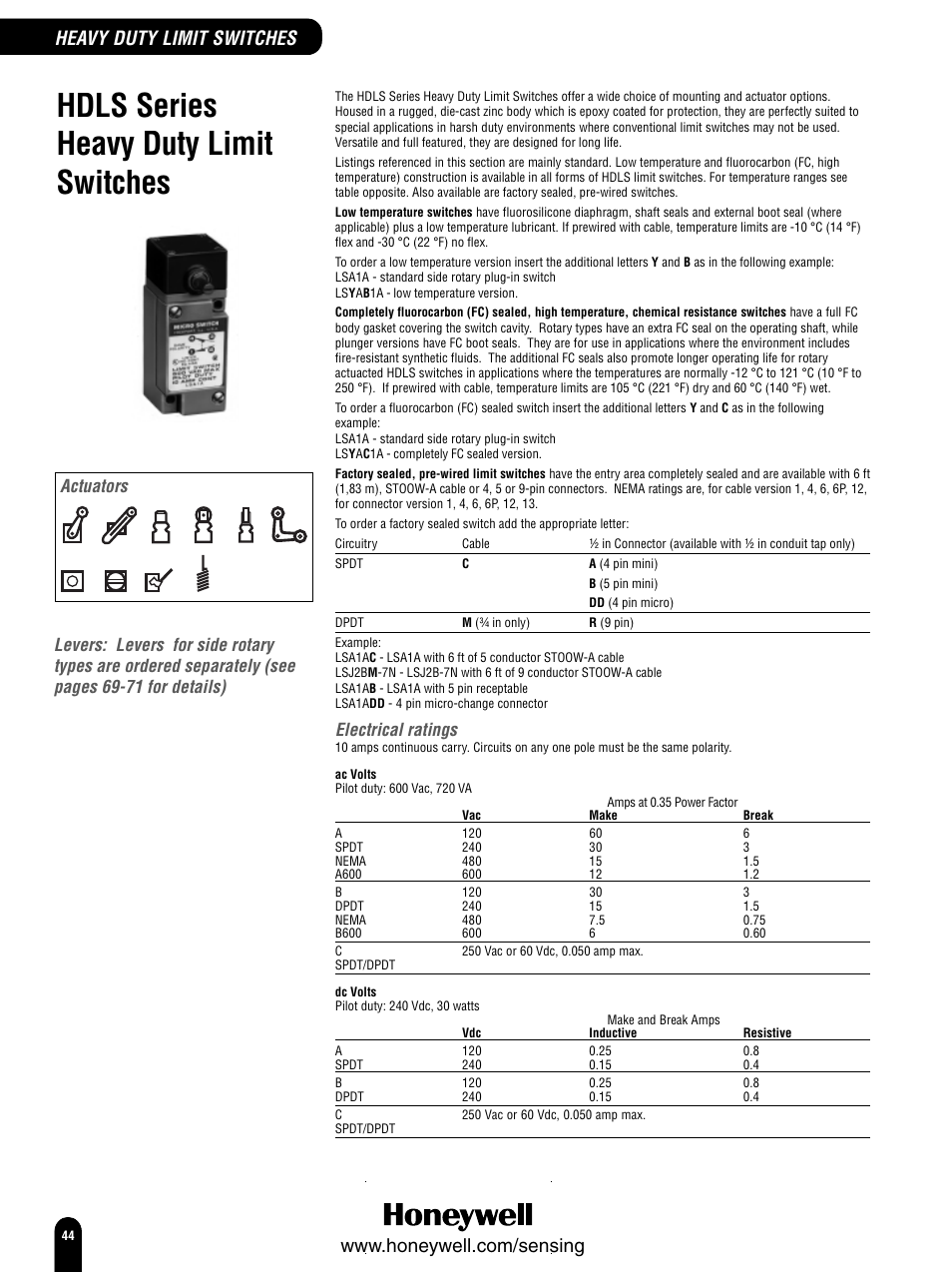 Hdls series heavy duty limit switches, Electrical ratings | Honeywell Switches and Sensors User Manual | Page 46 / 148