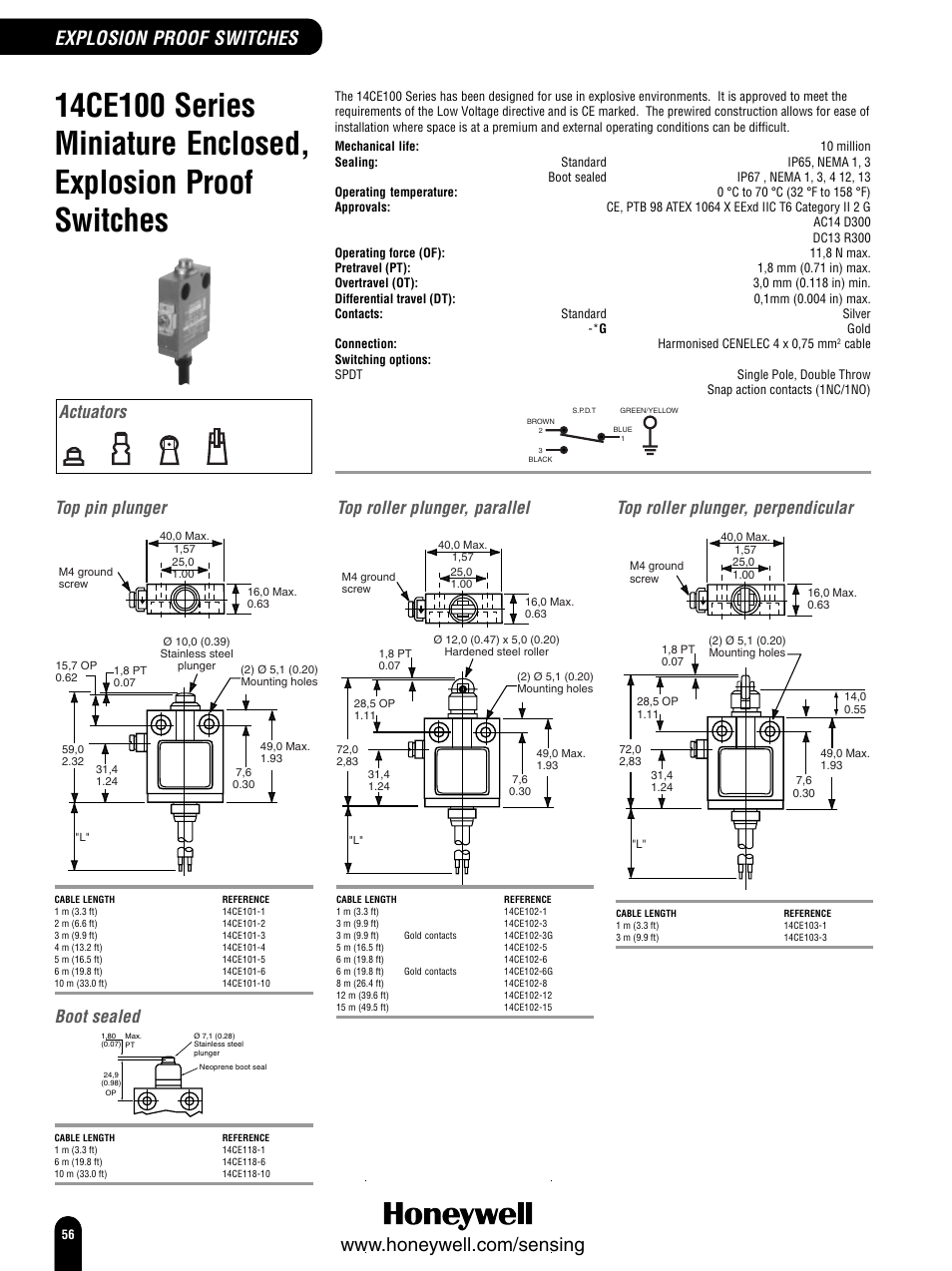Explosion proof switches, Top pin plunger, Boot sealed | Top roller plunger, parallel, Top roller plunger, perpendicular, Actuators | Honeywell Switches and Sensors User Manual | Page 58 / 148