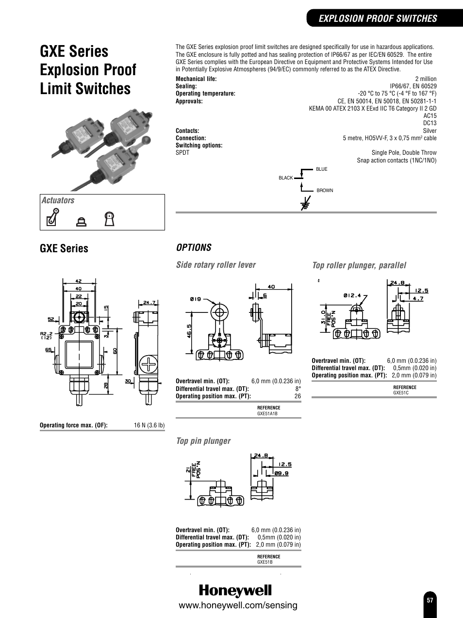 Gxe series explosion proof limit switches, Gxe series, Options | Explosion proof switches, Side rotary roller lever, Top pin plunger, Top roller plunger, parallel, Actuators | Honeywell Switches and Sensors User Manual | Page 59 / 148