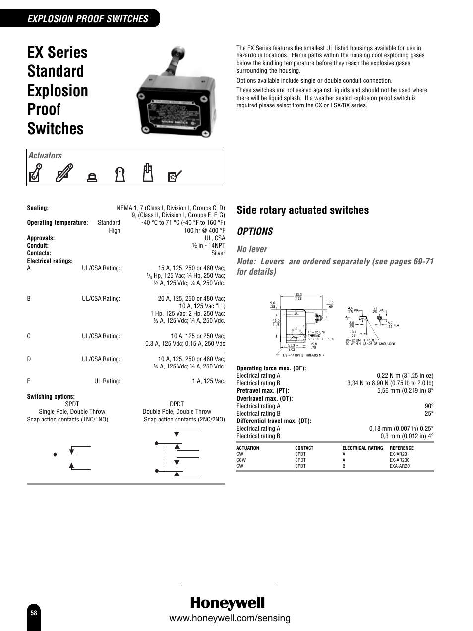 Ex series standard explosion proof switches, Side rotary actuated switches, Options | Explosion proof switches, Actuators | Honeywell Switches and Sensors User Manual | Page 60 / 148