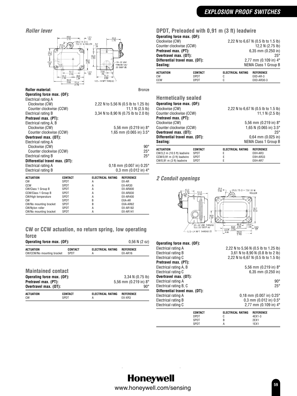 Explosion proof switches, Roller lever, 2 conduit openings | Maintained contact, Dpdt, preleaded with 0,91 m (3 ft) leadwire, Hermetically sealed | Honeywell Switches and Sensors User Manual | Page 61 / 148