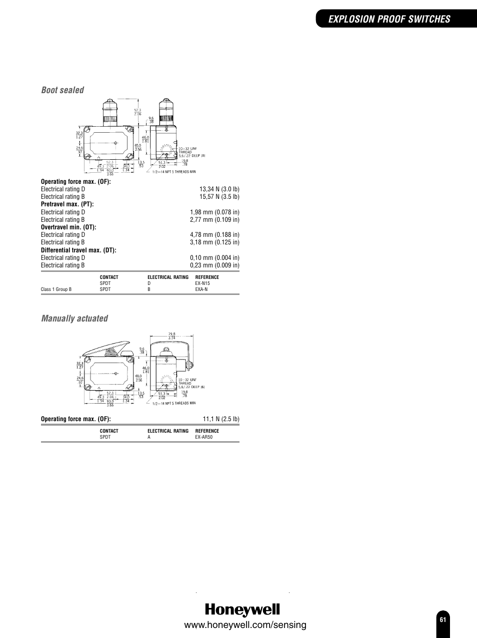 Explosion proof switches, Boot sealed, Manually actuated | Honeywell Switches and Sensors User Manual | Page 63 / 148