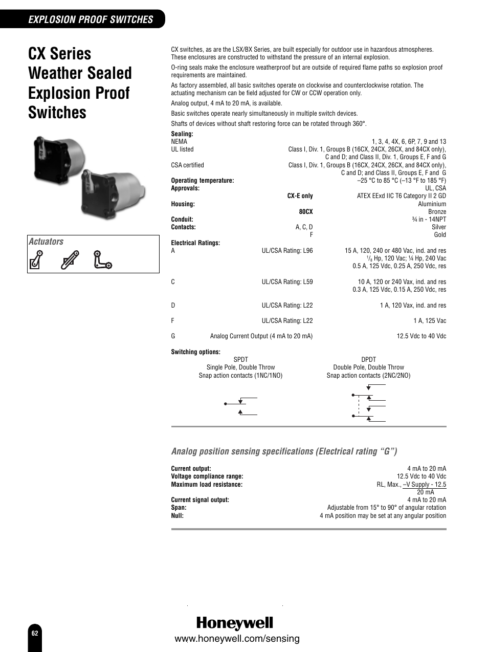 Cx series weather sealed explosion proof switches, Explosion proof switches, Actuators | Honeywell Switches and Sensors User Manual | Page 64 / 148