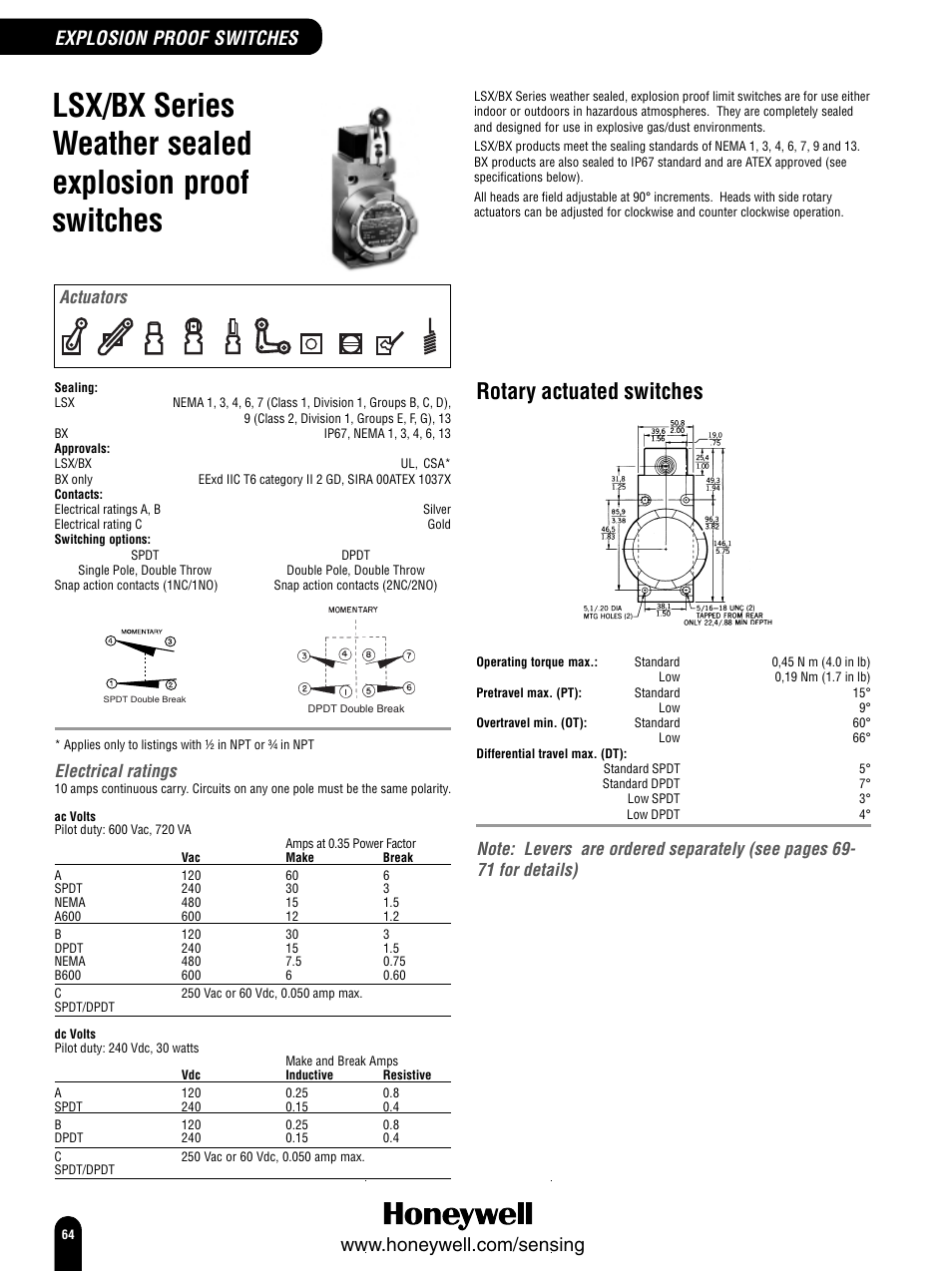 Rotary actuated switches, Explosion proof switches, Electrical ratings | Honeywell Switches and Sensors User Manual | Page 66 / 148