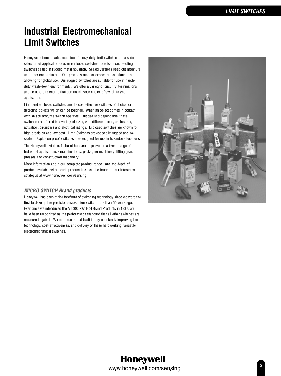 Industrial electromechanical limit switches, Limit switches, Micro switch brand products | Honeywell Switches and Sensors User Manual | Page 7 / 148