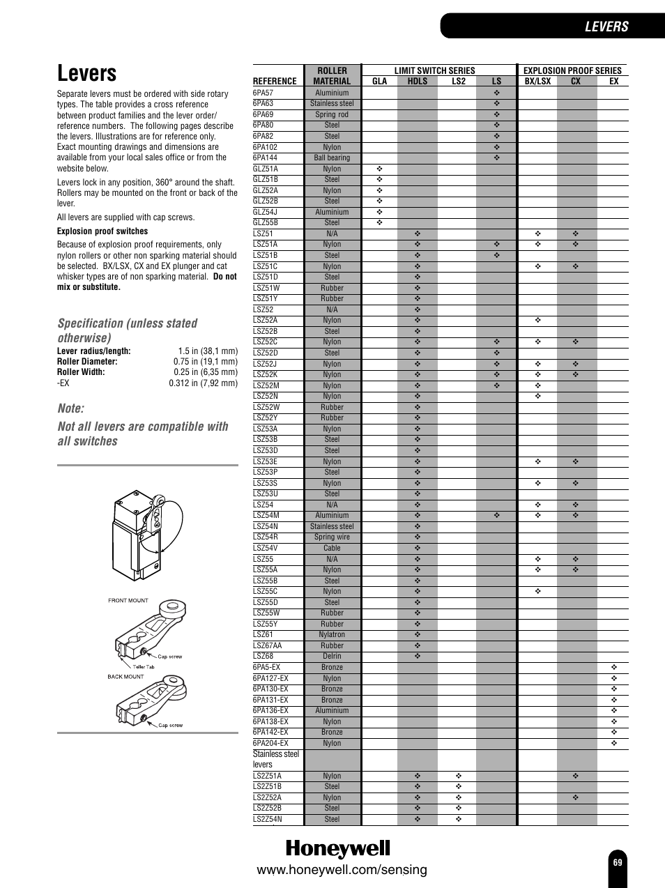 Levers, Specification (unless stated otherwise) | Honeywell Switches and Sensors User Manual | Page 71 / 148