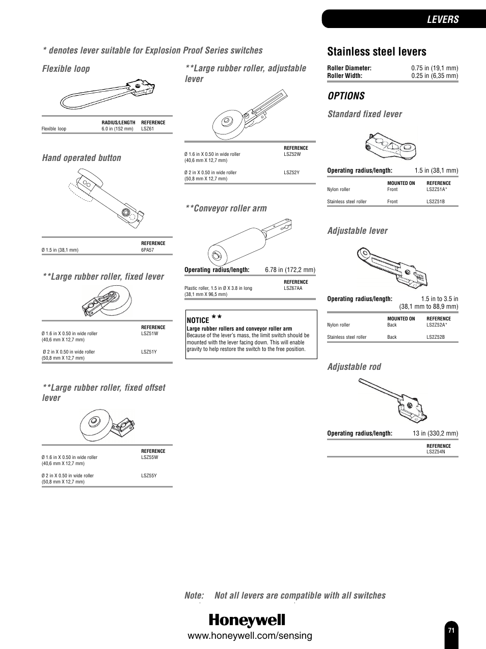 Stainless steel levers, Levers, Options | Flexible loop, Hand operated button, Large rubber roller, fixed lever, Large rubber roller, fixed offset lever, Large rubber roller, adjustable lever, Conveyor roller arm, Standard fixed lever | Honeywell Switches and Sensors User Manual | Page 73 / 148