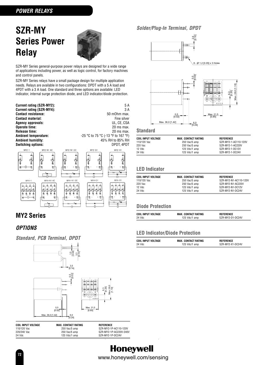 Szr-my series power relay, My2 series, Options | Power relays, Standard, pcb terminal, dpdt, Solder/plug-in terminal, dpdt, Standard, Led indicator, Diode protection, Led indicator/diode protection | Honeywell Switches and Sensors User Manual | Page 74 / 148
