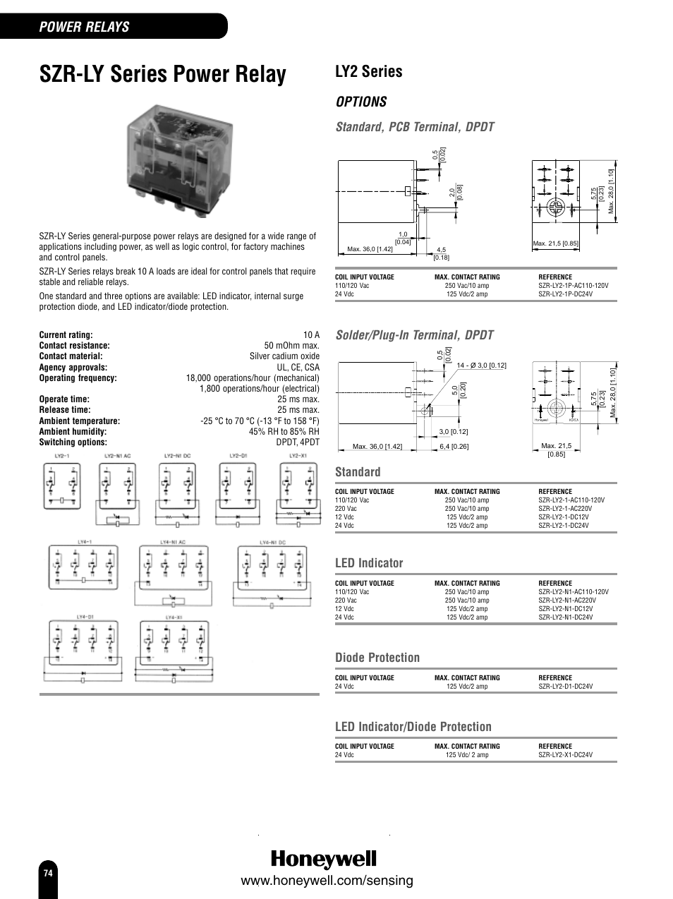 Szr-ly series power relay, Ly2 series, Options | Standard, pcb terminal, dpdt, Solder/plug-in terminal, dpdt, Standard, Led indicator, Diode protection, Led indicator/diode protection | Honeywell Switches and Sensors User Manual | Page 76 / 148