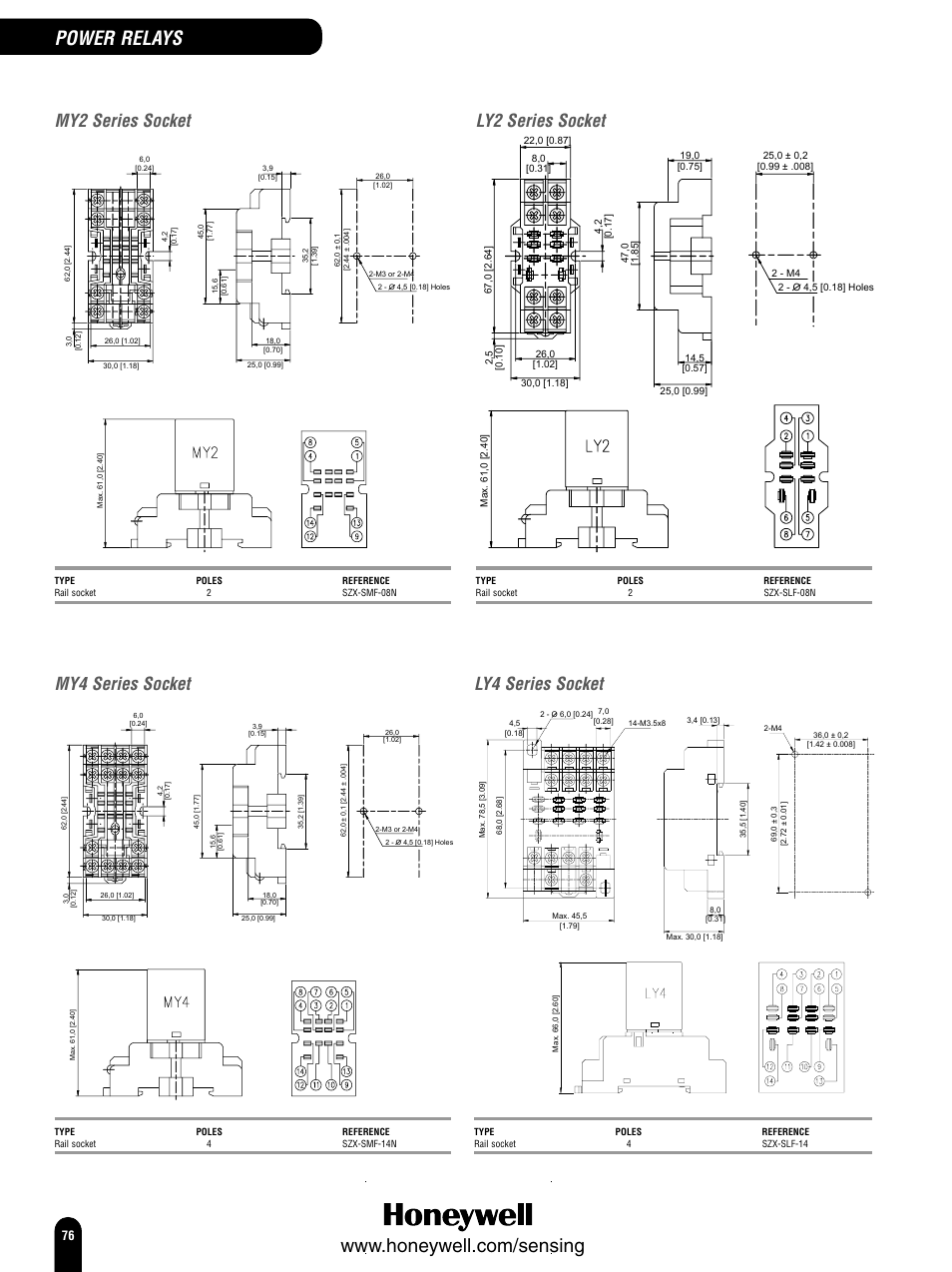 Power relays, My2 series socket, My4 series socket | Ly2 series socket, Ly4 series socket | Honeywell Switches and Sensors User Manual | Page 78 / 148