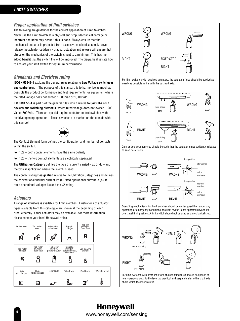 Proper application of limit switches, Standards and electrical rating, Actuators | Honeywell Switches and Sensors User Manual | Page 8 / 148