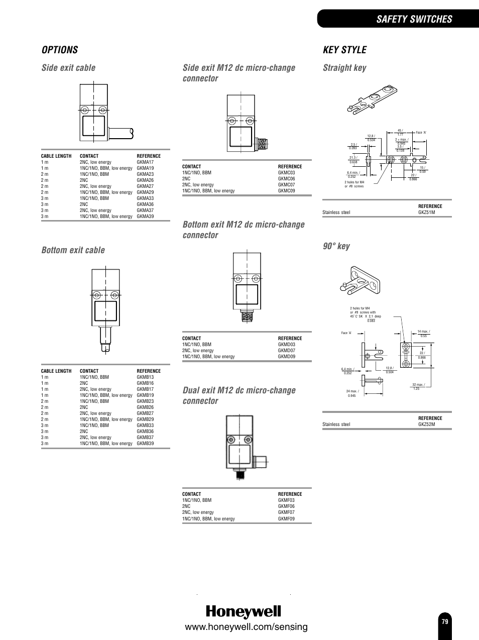 Key style, Side exit cable, Bottom exit cable | Side exit m12 dc micro-change connector, Bottom exit m12 dc micro-change connector, Dual exit m12 dc micro-change connector, Straight key, 90° key | Honeywell Switches and Sensors User Manual | Page 81 / 148
