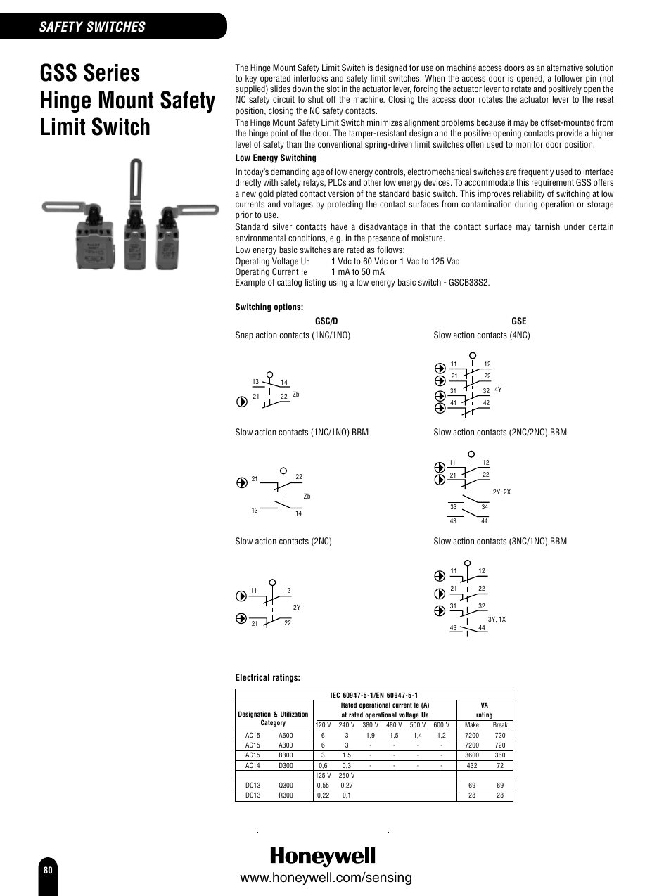 Gss series hinge mount safety limit switch, Safety switches | Honeywell Switches and Sensors User Manual | Page 82 / 148