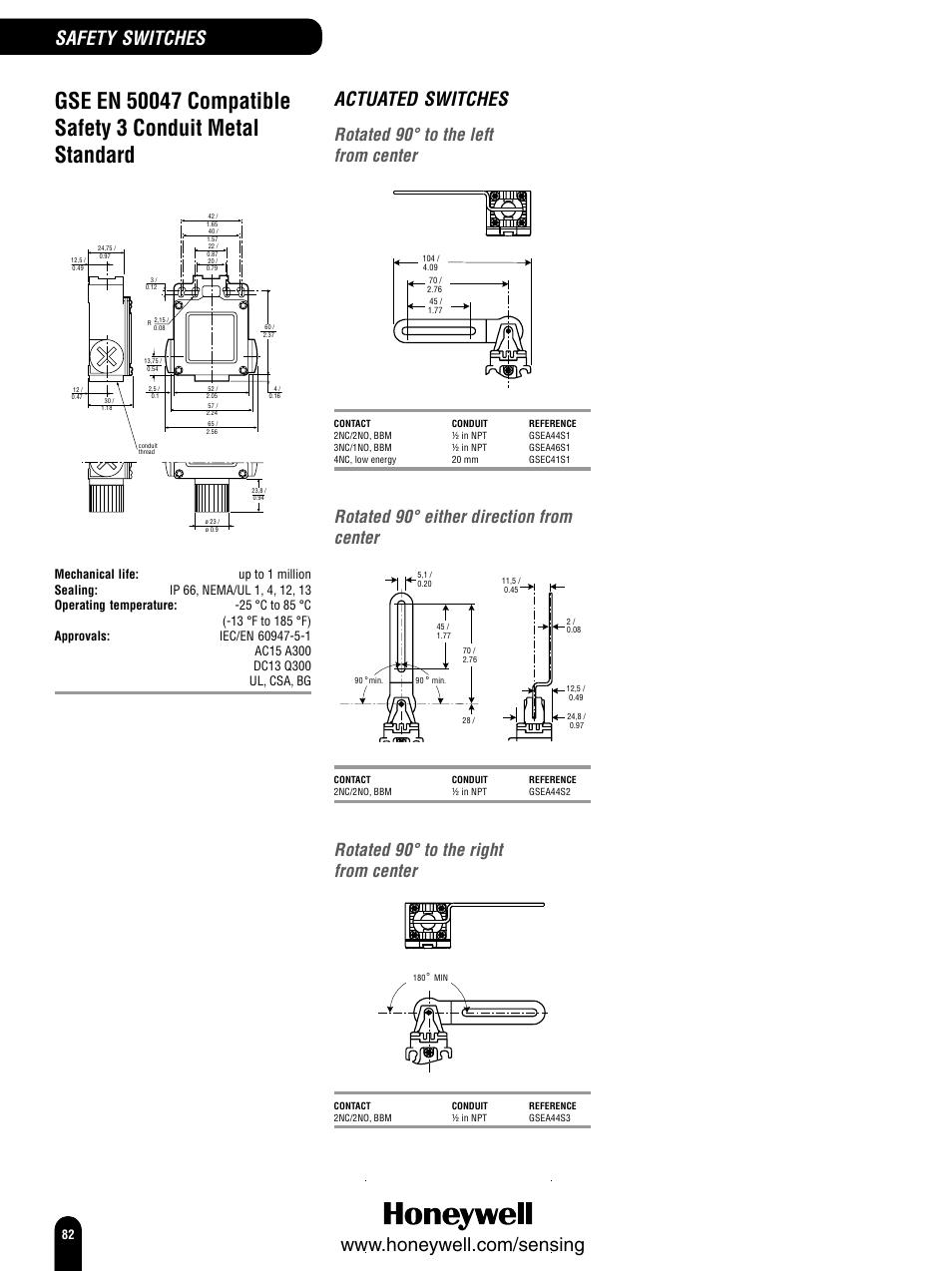 Actuated switches, Safety switches, Rotated 90° to the left from center | Rotated 90° either direction from center, Rotated 90° to the right from center | Honeywell Switches and Sensors User Manual | Page 84 / 148